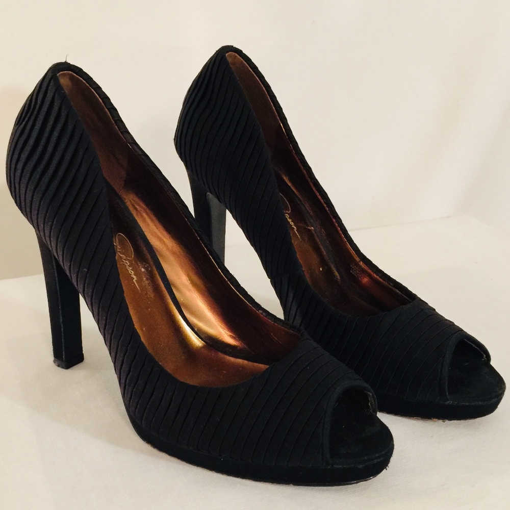 Jessica Simpson Satin Black Open Toe Heels Size 8